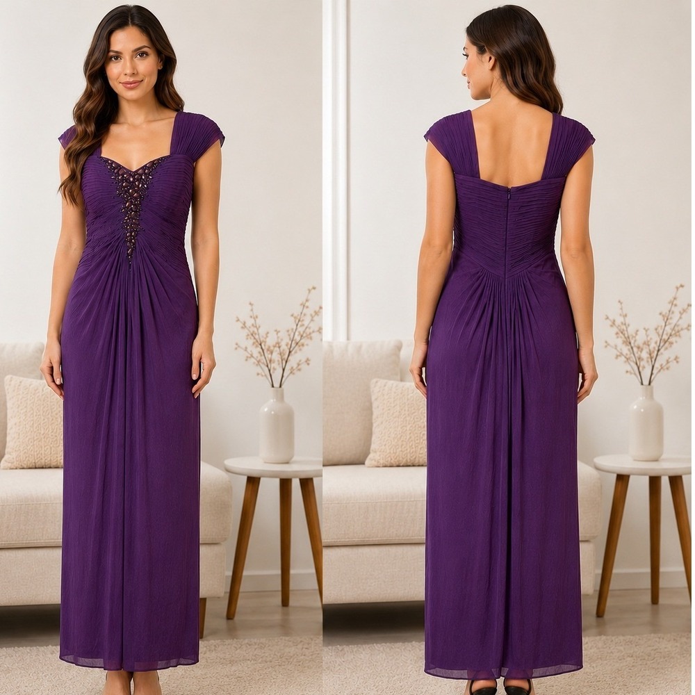 Tadashi Shoji Gown Sz 14 Purple Silk Beaded Chiffon Formal Evening Gala Dress